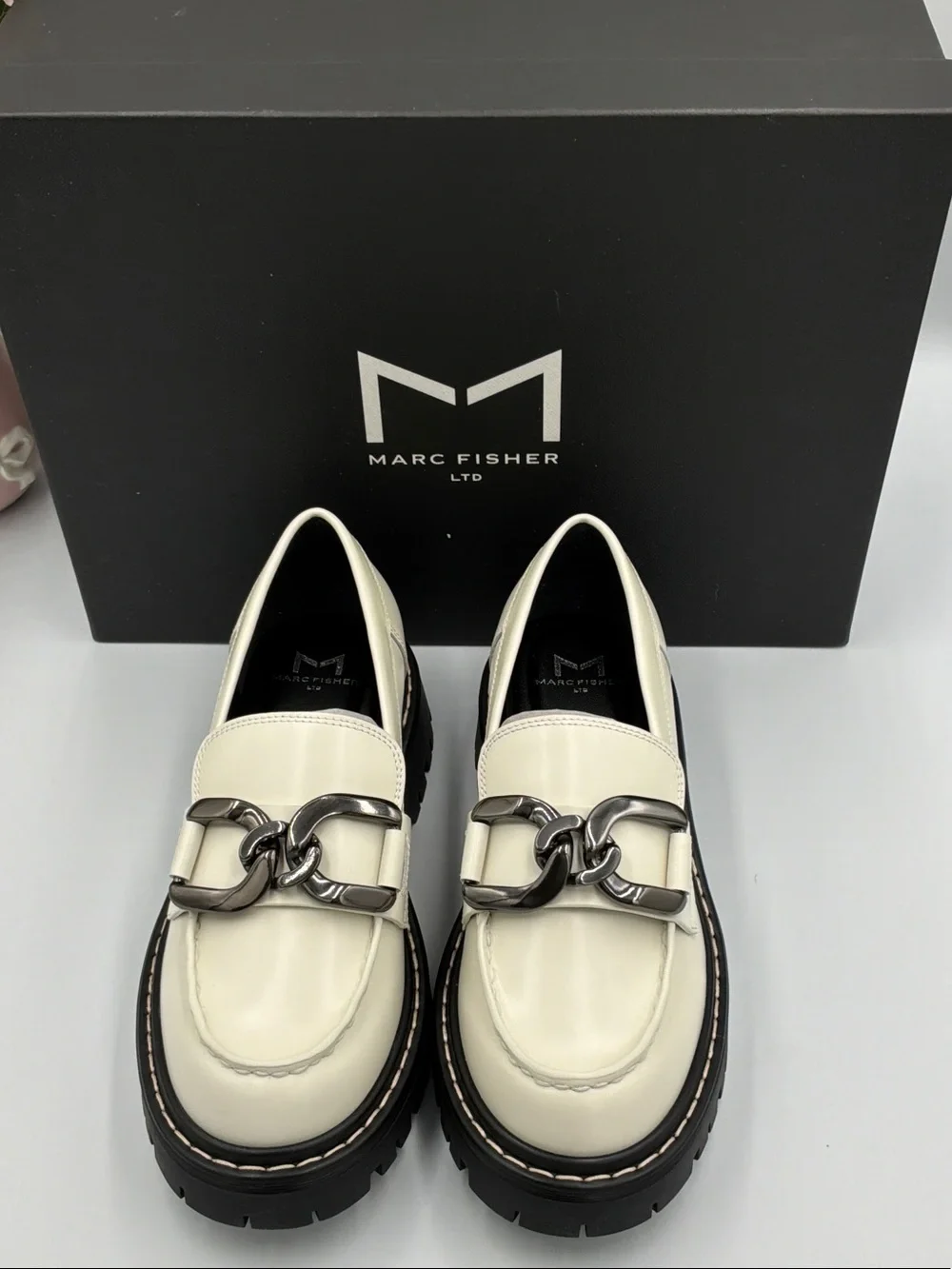 Marc Fisher Cream Leather Lug-Soled Loafers with Silver Chain
